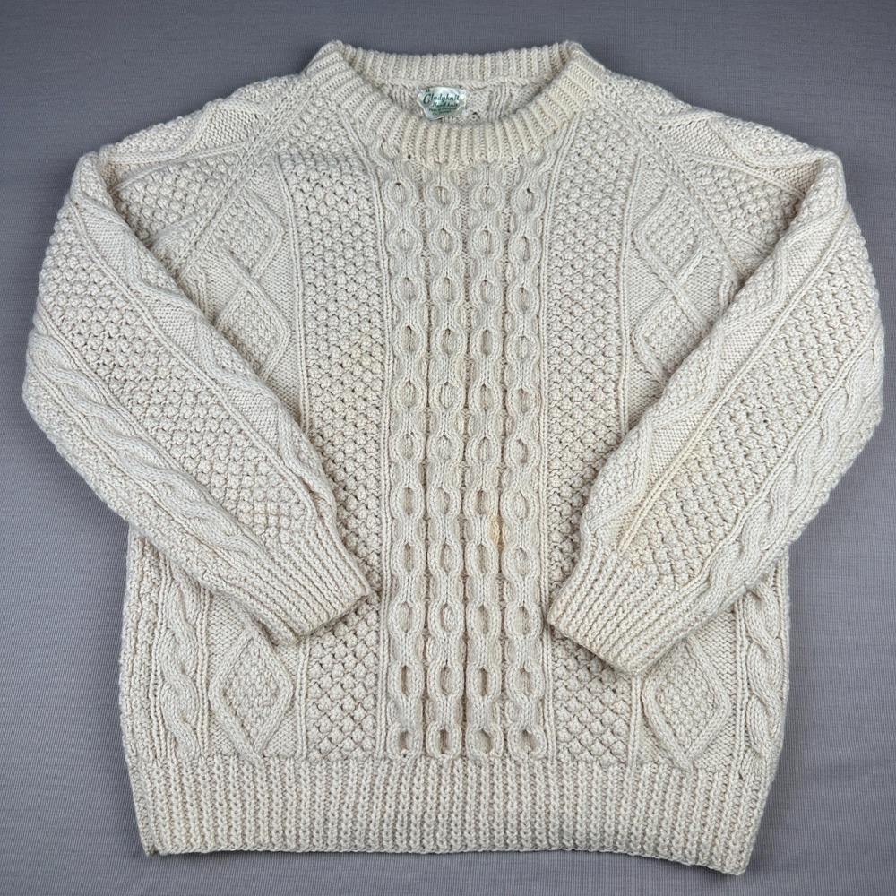 Vtg Cladyknit Irish Aran Fisherman Sweater Wool Cream L 23.5x26 Cable Knit Stain